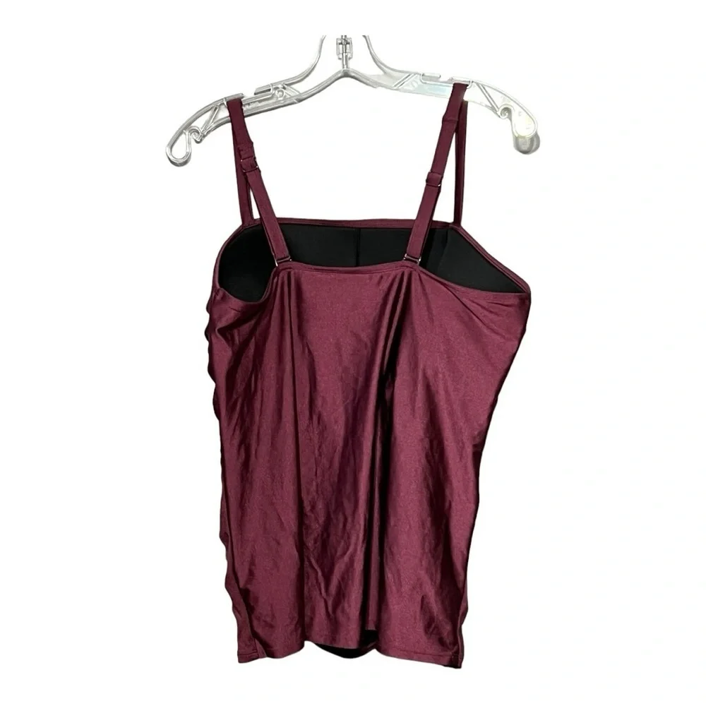Cacique Burgundy Red Wine Shimmer Tankini Swim Top 16 Ruched Gathered Lined Bra